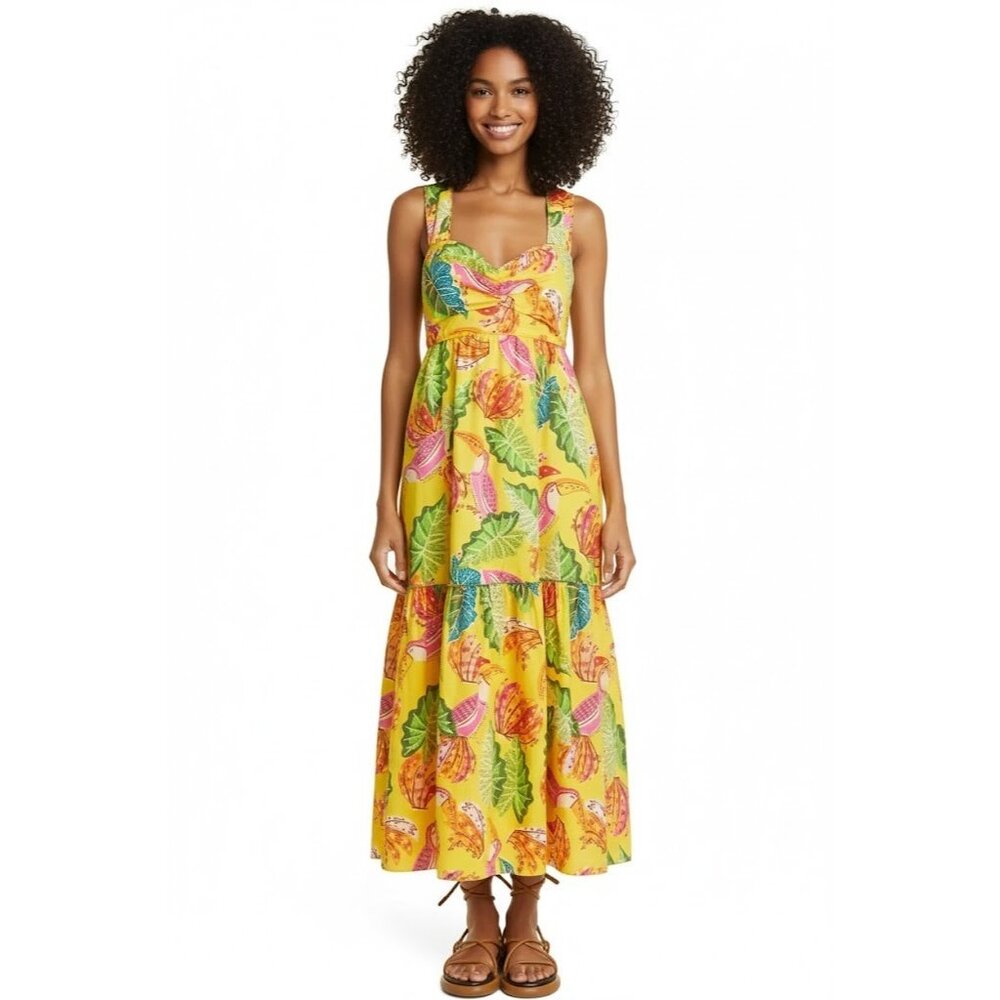 NWT FARM Rio Beaks & Bananas Maxi in Yellow Cotton Bow Back Tank Dress M $235